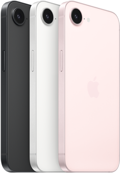 iPhone 17e, side and back exterior, black colour, side and back exterior, white colour, side and back exterior, soft pink colour, Fusion camera at top, side button