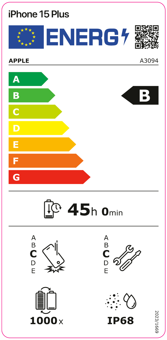 EU Energy Efficiency Label: Rating B - Very good energy efficiency. Battery endurance: 45 hours. Drop resistance rating C, repair rating C, IP68 water resistance, 1000 charge cycles.