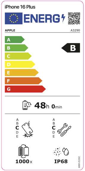 EU Energy Efficiency Label: Rating B - Very good energy efficiency. Battery endurance: 48 hours. Drop resistance rating C, repair rating C, IP68 water resistance, 1000 charge cycles.