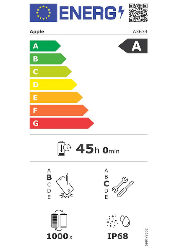 EU Energy Efficiency Label: Rating A - Excellent energy efficiency. Battery endurance: 45 hours. Drop resistance rating B, repair rating C, IP68 water resistance, 1000 charge cycles.