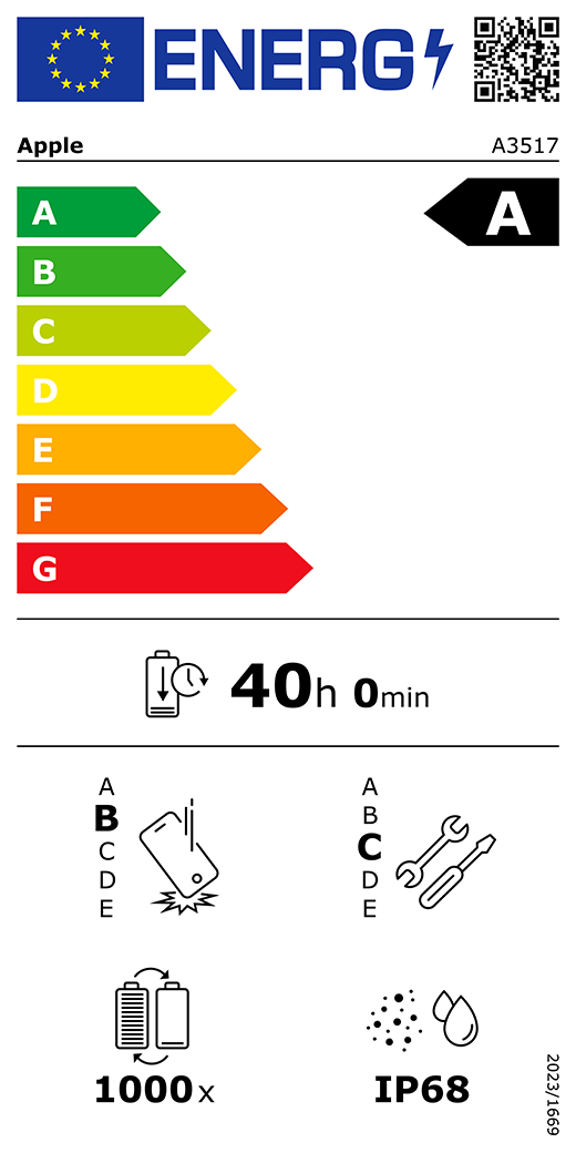 EU Energy Efficiency Label: Rating A - Excellent energy efficiency. Battery endurance: 40 hours. Drop resistance rating B, repair rating C, IP68 water resistance, 1000 charge cycles.