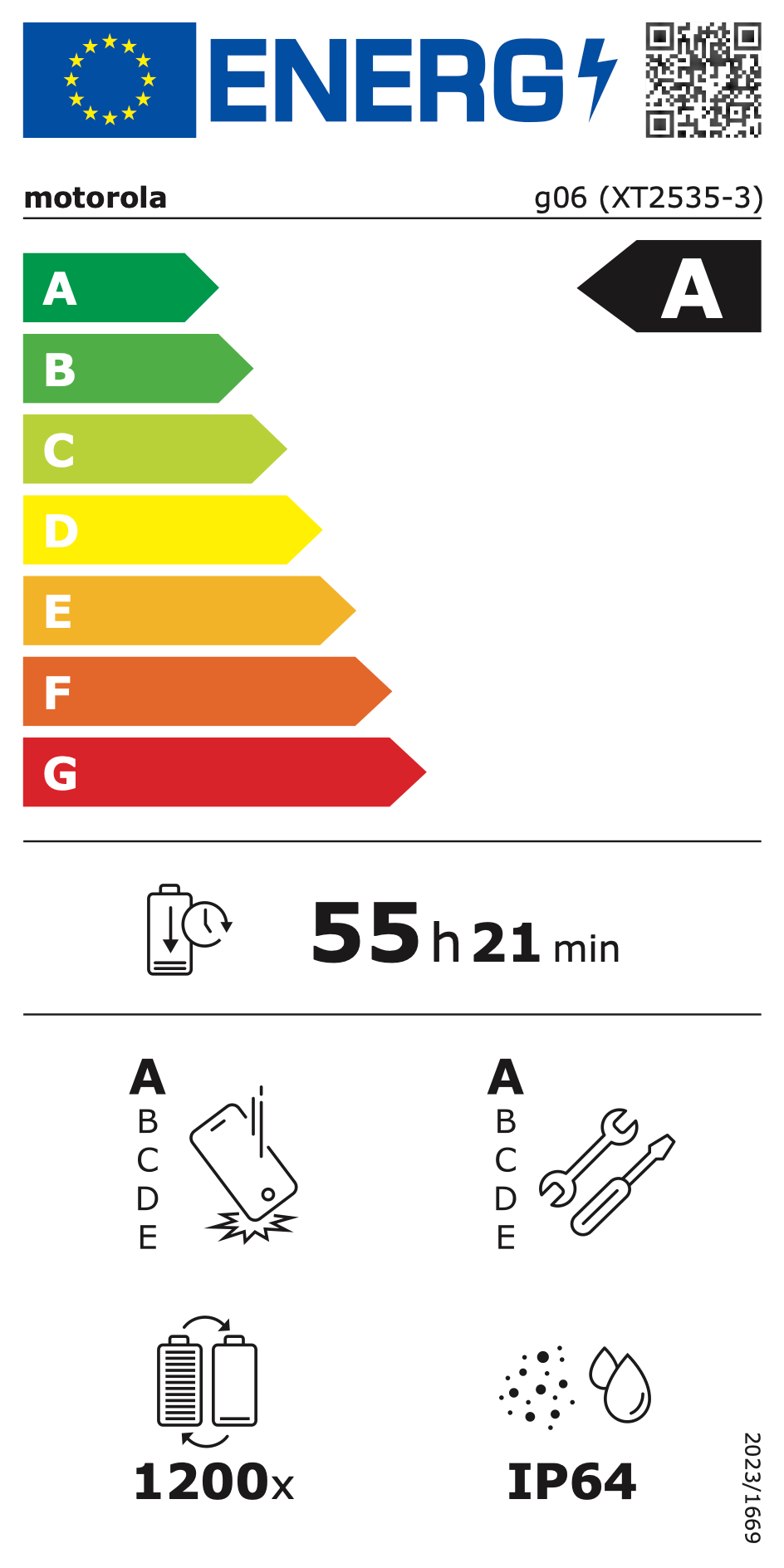EU Energy Efficiency Label: Rating A - Excellent energy efficiency. Battery endurance: 55 hours 21 minutes. Drop resistance rating A, repair rating A, IP64 water resistance, 1200 charge cycles.
