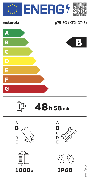 EU Energy Efficiency Label: Rating B - Very good energy efficiency. Battery endurance: 48 hours 58 minutes. Drop resistance rating B, repair rating B, IP68 water resistance, 1000 charge cycles.