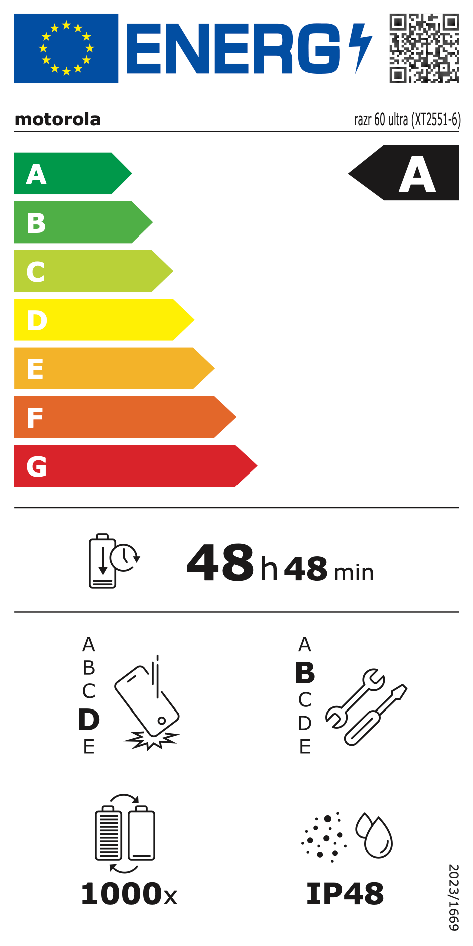 EU Energy Efficiency Label: Rating A - Excellent energy efficiency. Battery endurance: 48 hours 48 minutes. Drop resistance rating D, repair rating B, IP48 water resistance, 1000 charge cycles.