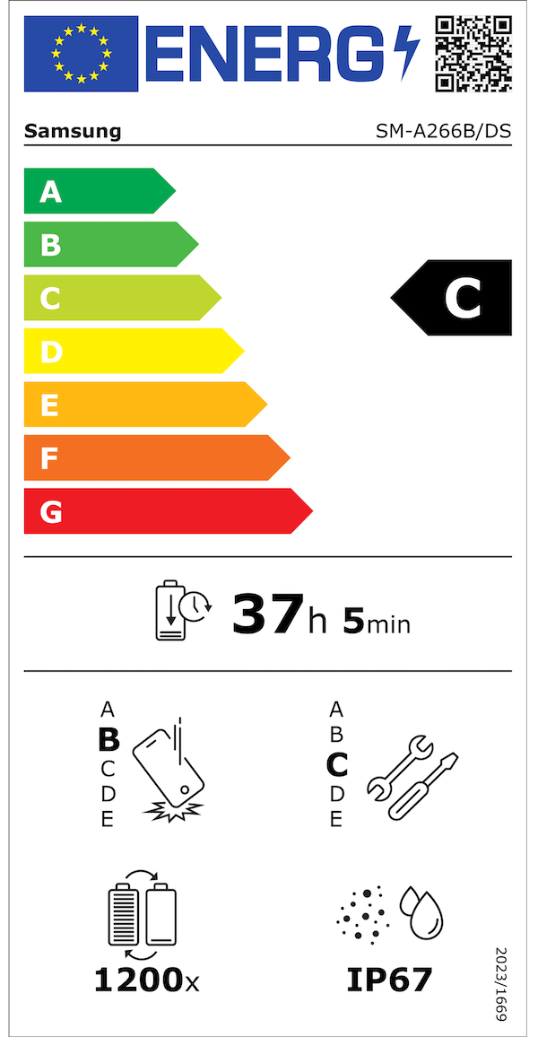 EU Energy Efficiency Label: Rating C - Good energy efficiency. Battery endurance: 37 hours 5 minutes. Drop resistance rating B, repair rating C, IP67 water resistance, 1200 charge cycles.