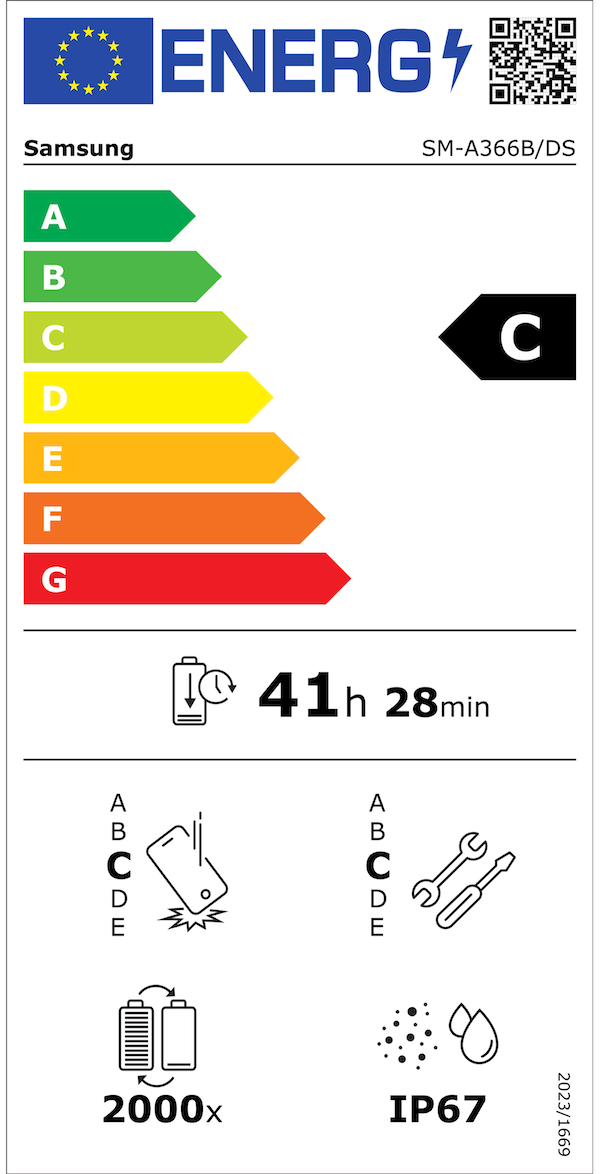EU Energy Efficiency Label: Rating C - Good energy efficiency. Battery endurance: 41 hours 28 minutes. Drop resistance rating C, repair rating C, IP67 water resistance, 2000 charge cycles.