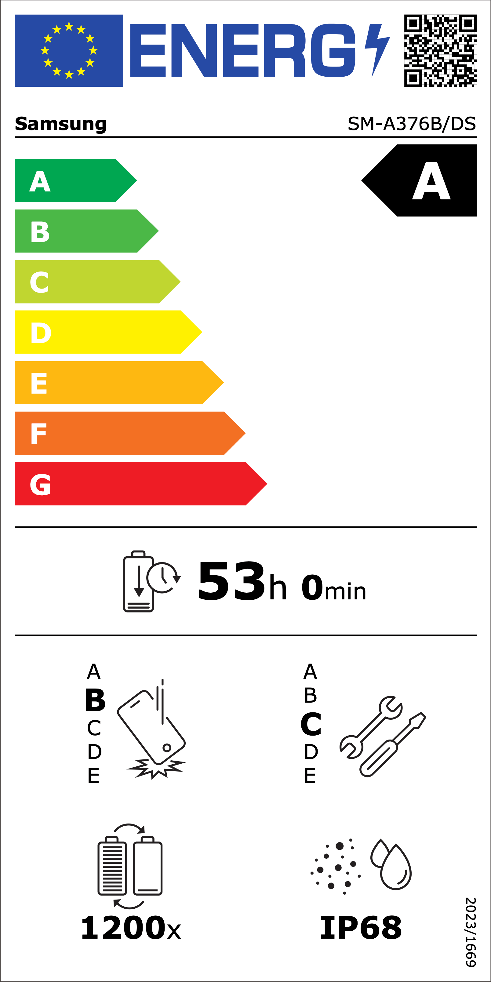 EU Energy Efficiency Label: Rating A - Excellent energy efficiency. Battery endurance: 53 hours. Drop resistance rating A, repair rating A, IP68 water resistance, 1200 charge cycles.