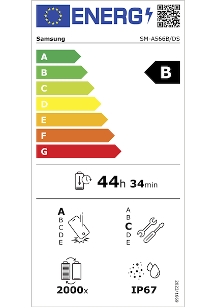 EU Energy Efficiency Label: Rating B - Very good energy efficiency. Battery endurance: 44 hours 34 minutes. Drop resistance rating A, repair rating C, IP67 water resistance, 2000 charge cycles.
