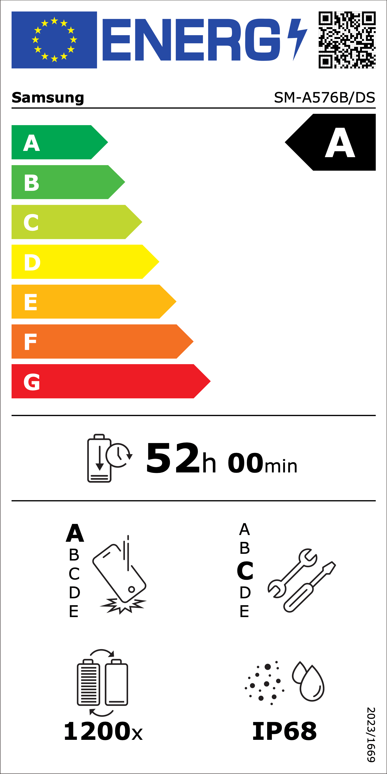 EU Energy Efficiency Label: Rating A - Excellent energy efficiency. Battery endurance: 52 hours. Drop resistance rating A, repair rating A, IP68 water resistance, 1200 charge cycles.