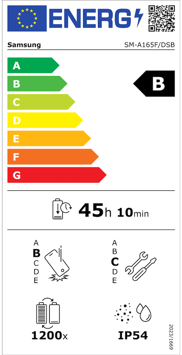 EU Energy Efficiency Label: Rating B - Very good energy efficiency. Battery endurance: 45 hours 10 minutes. Drop resistance rating B, repair rating C, IP54 water resistance, 1200 charge cycles.