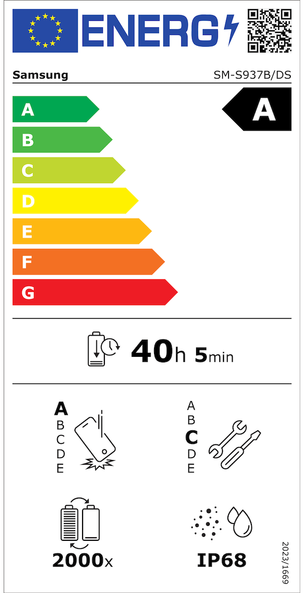 EU Energy Efficiency Label: Rating A - Excellent energy efficiency. Battery endurance: 40 hours 5 minutes. Drop resistance rating A, repair rating C, IP68 water resistance, 2000 charge cycles.