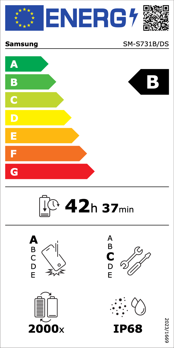 EU Energy Efficiency Label: Rating B - Very good energy efficiency. Battery endurance: 42 hours 37 minutes. Drop resistance rating C, repair rating C, IP68 water resistance, 2000 charge cycles.