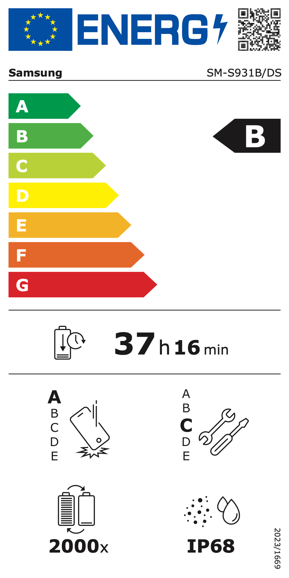 EU Energy Efficiency Label: Rating B - Very good energy efficiency. Battery endurance: 42 hours 37 minutes. Drop resistance rating C, repair rating C, IP68 water resistance, 2000 charge cycles.