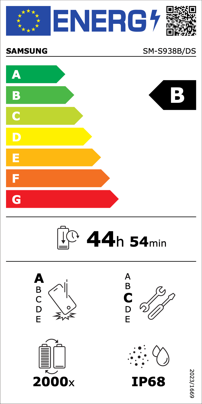EU Energy Efficiency Label: Rating B - Very good energy efficiency. Battery endurance: 44 hours 54 minutes. Drop resistance rating C, repair rating C, IP68 water resistance, 2000 charge cycles.