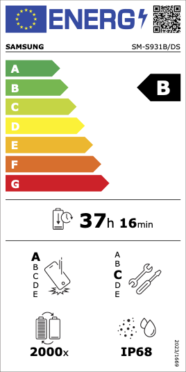 EU Energy Efficiency Label: Rating B - Very good energy efficiency. Battery endurance: 37 hours 16 minutes. Drop resistance rating C, repair rating C, IP68 water resistance, 2000 charge cycles.
