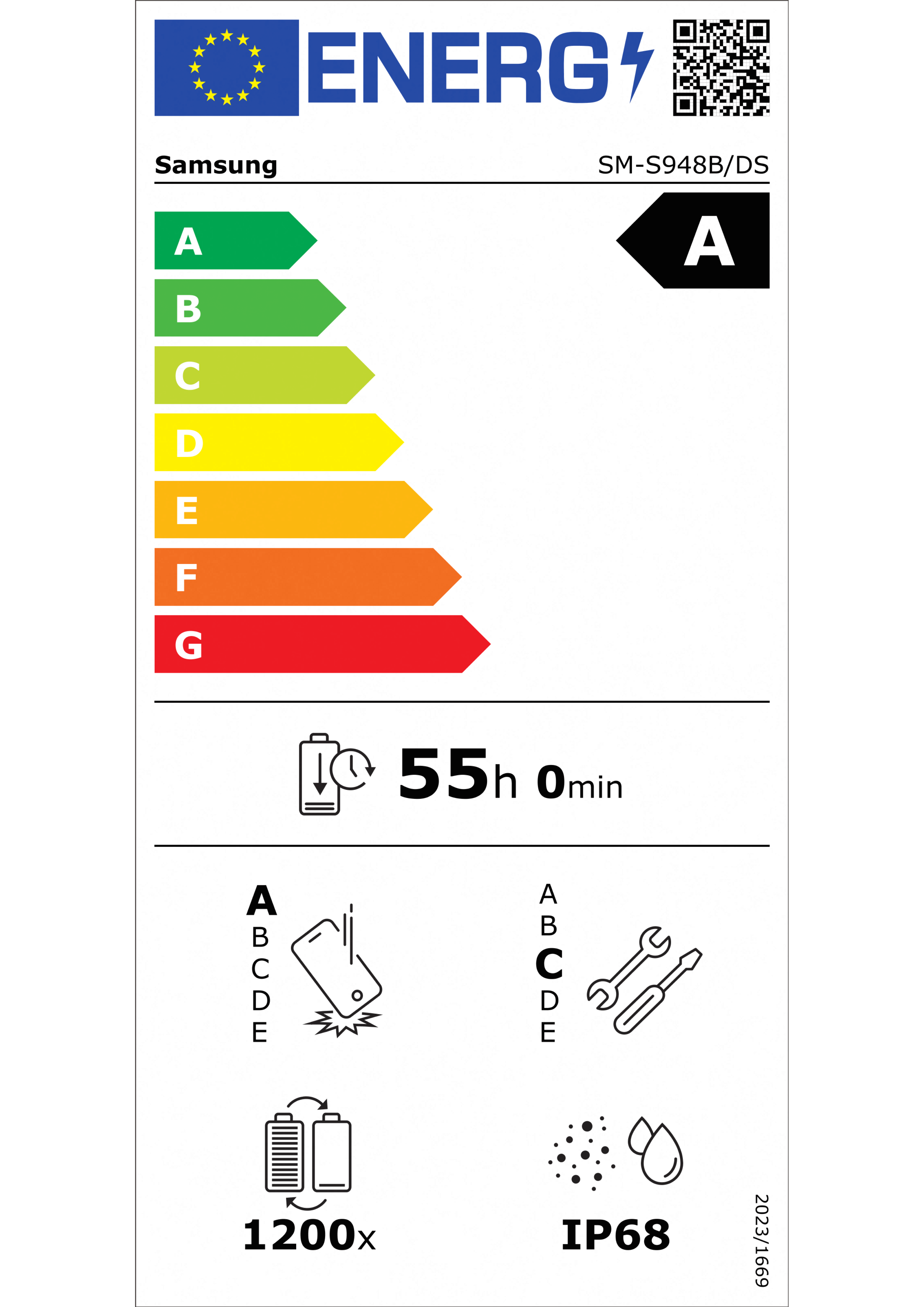 EU Energy Efficiency Label: Rating A - Excellent energy efficiency. Battery endurance: 55 hours. Drop resistance rating A, repair rating C, IP68 water resistance, 1200 charge cycles.