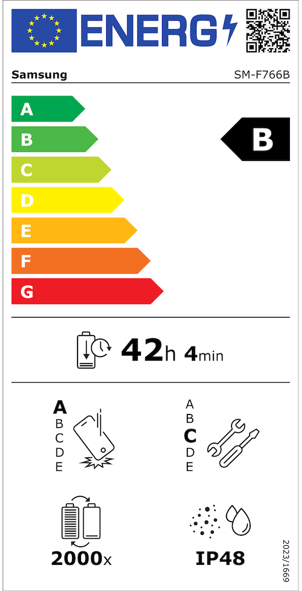 EU Energy Efficiency Label: Rating B - Very good energy efficiency. Battery endurance: 42 hours 4 minutes. Drop resistance rating A, repair rating C, IP48 water resistance, 2000 charge cycles.